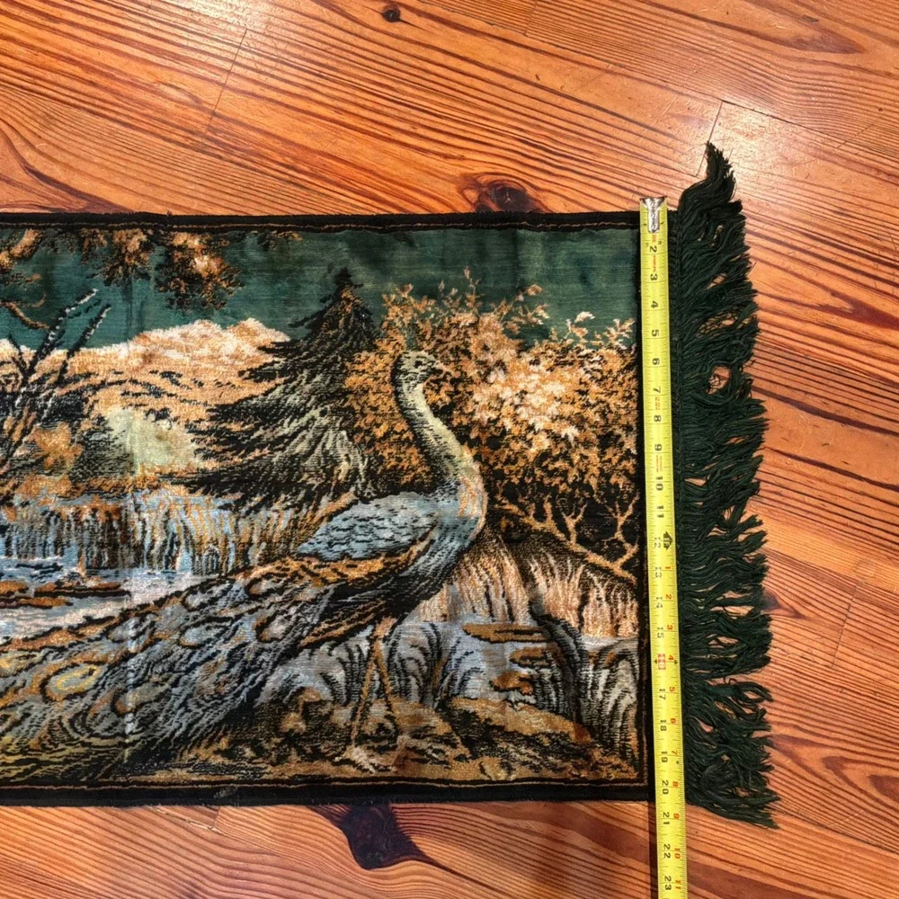 VTG Velvet Peacock Tapestry Wall Hanging Forest Landscape Fringed Whimsigoth EUC